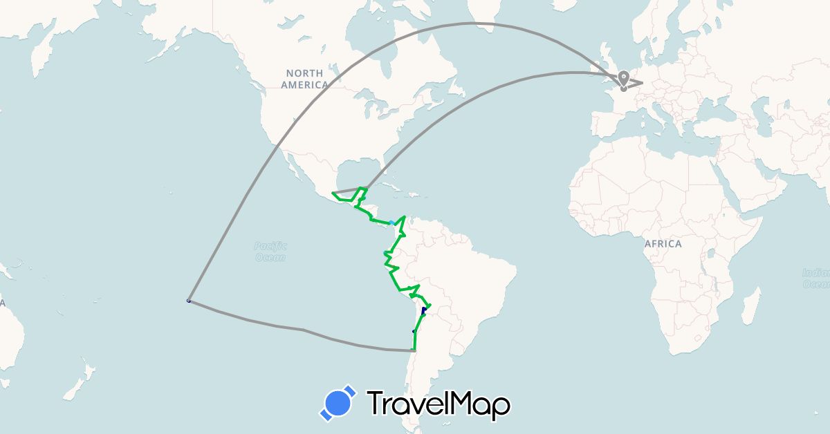 TravelMap itinerary: driving, bus, plane, hiking, boat in Bolivia, Belize, Chile, Colombia, Costa Rica, Germany, Ecuador, France, Guatemala, Mexico, Nicaragua, Panama, Peru, French Polynesia, United States (Europe, North America, Oceania, South America)